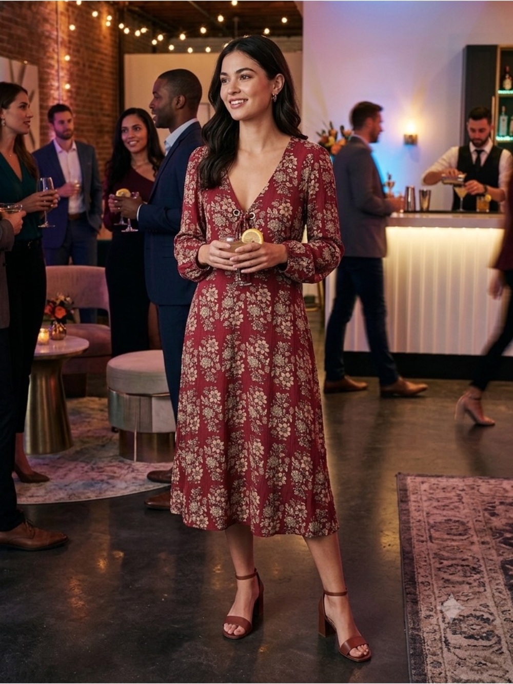 American Eagle Outfitters Burgundy Floral Long-Sleeve Tie-Front Dress
